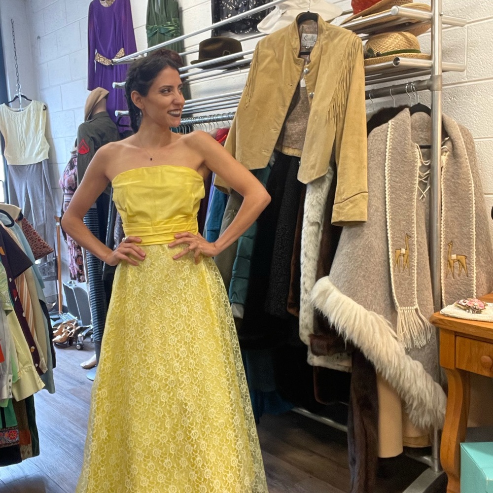 1970s satin and lace strapless dress. This is a homemade piece measures 30/26.